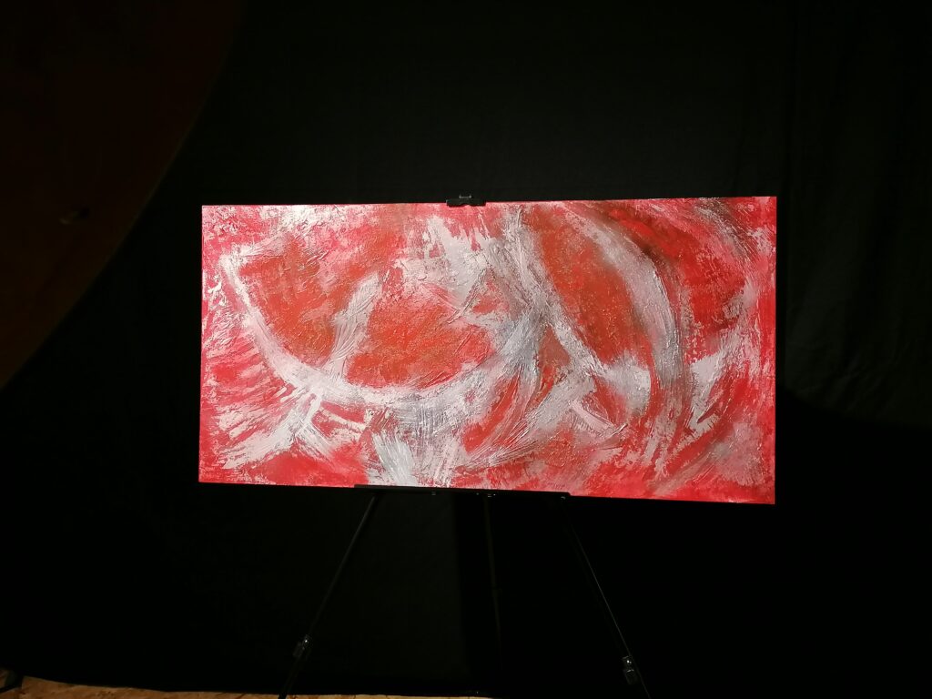 tableau dominante rouge. grand format, horizontale. abstrait