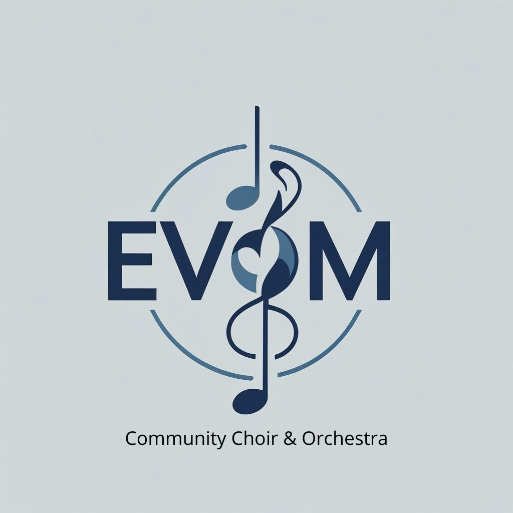 alt="Logo de EVOM Community Choir & Orchestra, représentant une clé de sol stylisée combinée à des notes de musique au centre d'un cercle."